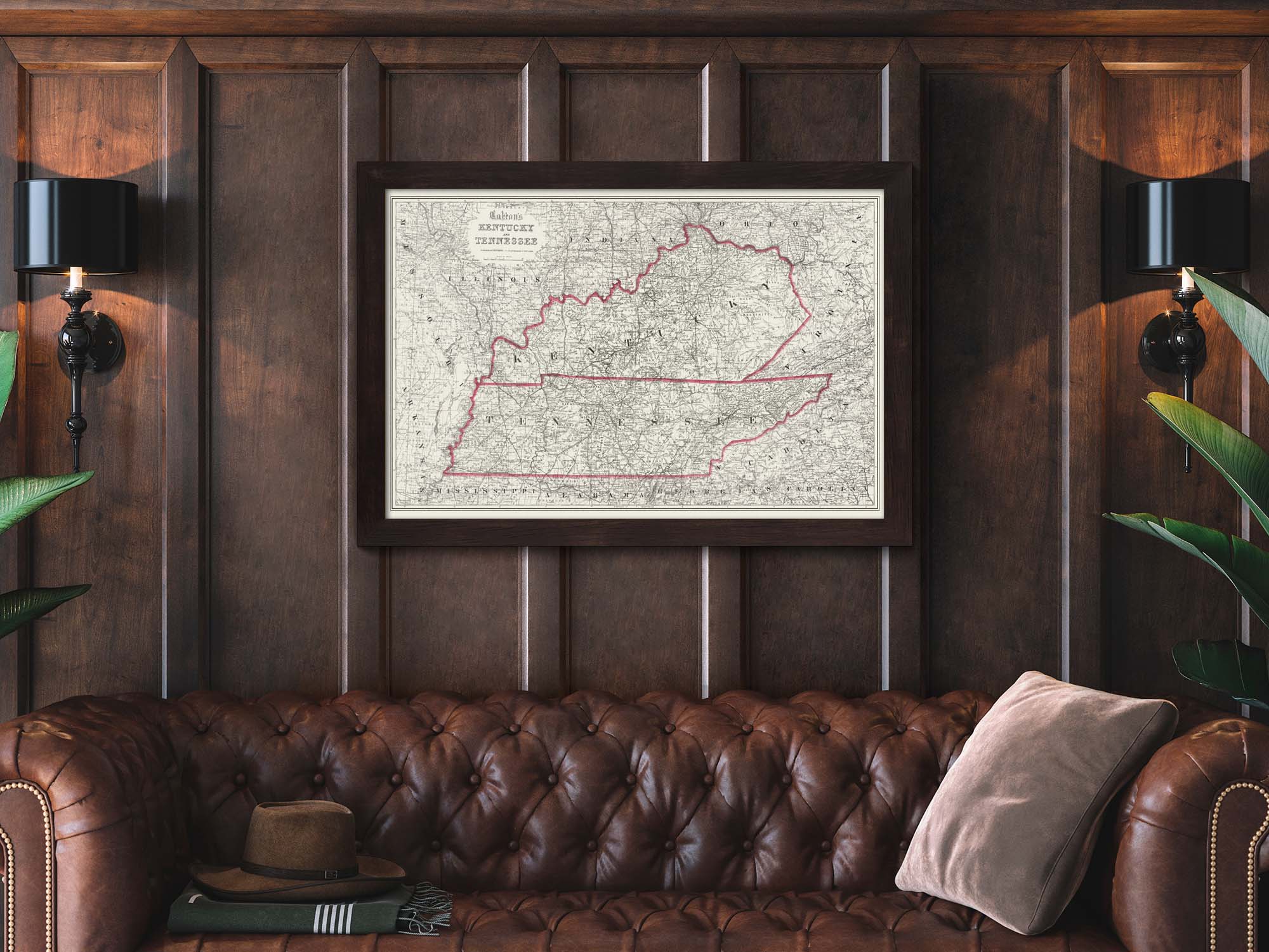 Framed classic Kentucky and Tennessee State Map 