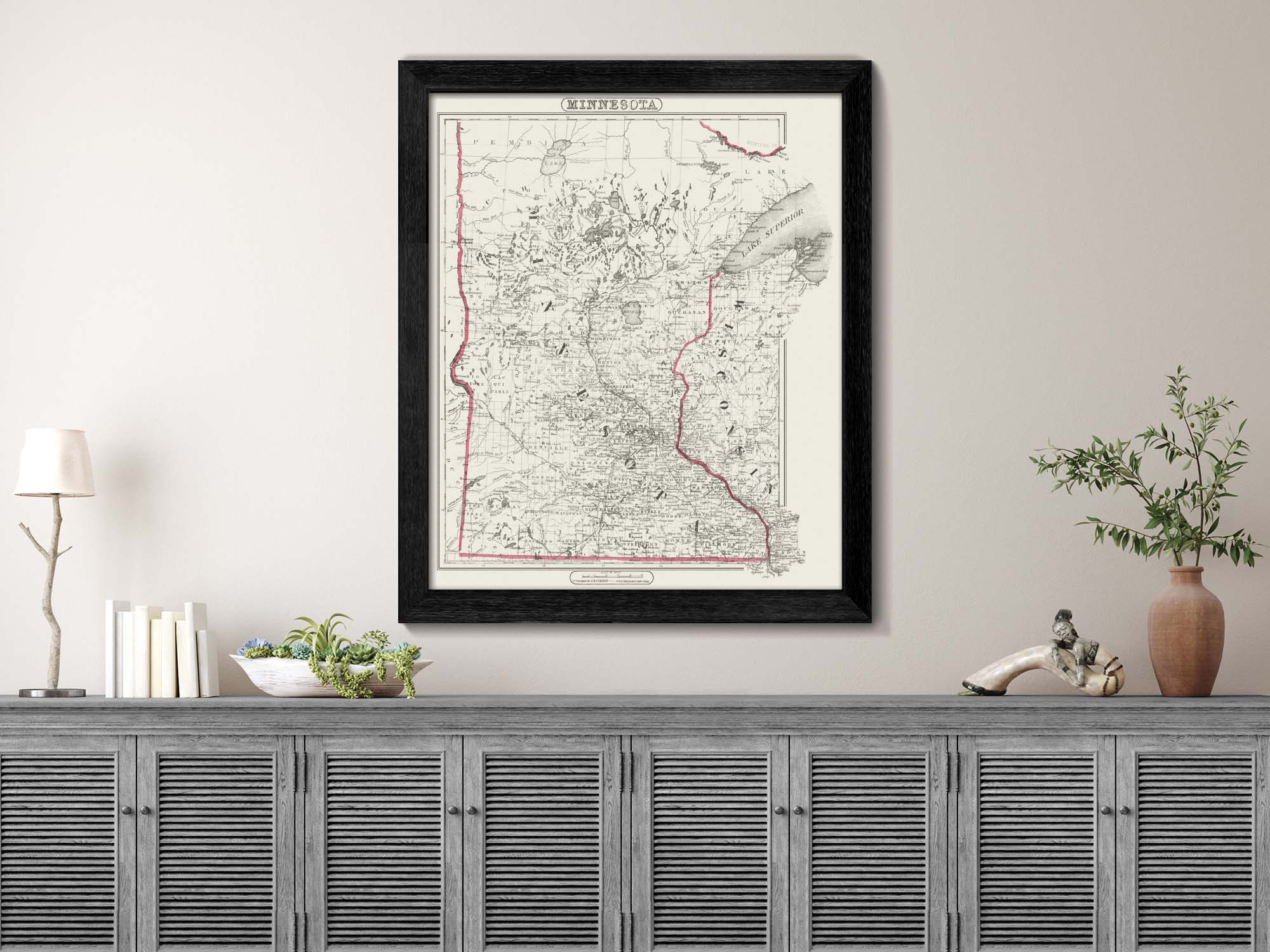 Framed historical Minnesota State Map